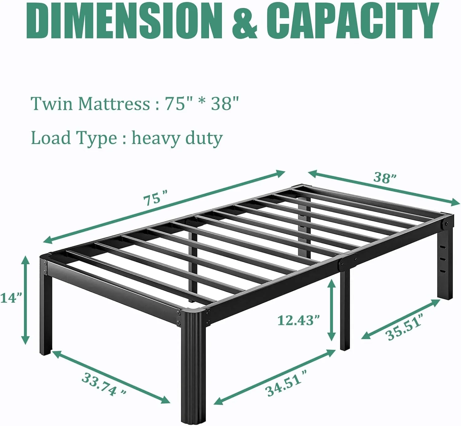 14 Inch High Twin Bed Frame No Box Spring Needed, Platform Metal Bed Frame Twin, Heavy Duty, Noise Free, Easy Assembly, Black