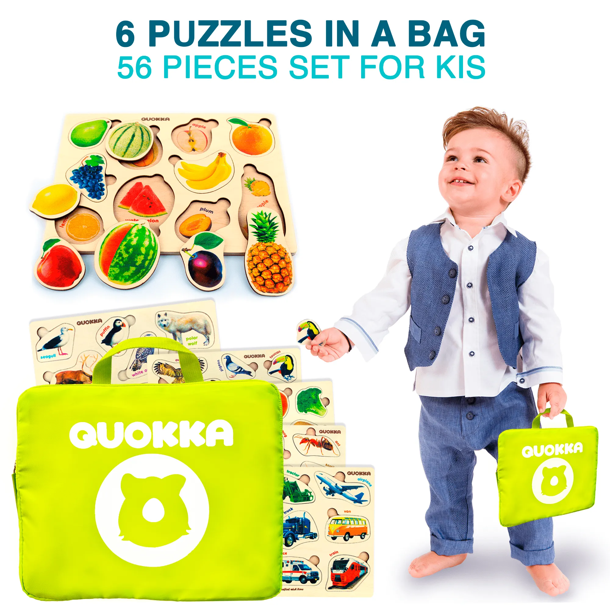 6 Realistic Toddler Wooden Puzzles | Fruits, Animals