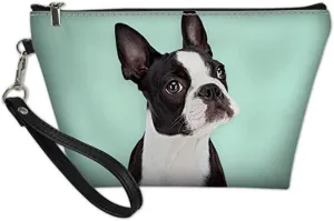 Amzbeauty Women's Cute Boston Terrier Leather Makeup Bag Purse Toiletry Pouch Travel Cosmetic Bags with Zipper Handle