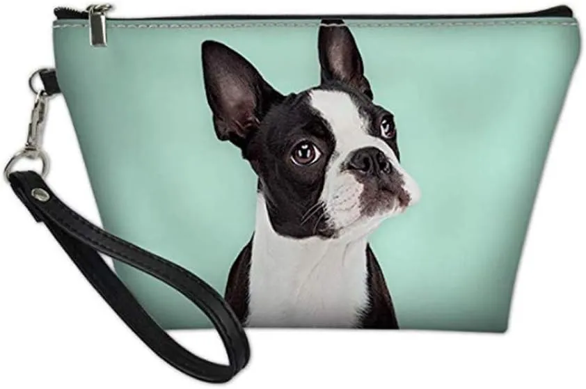 Amzbeauty Women's Cute Boston Terrier Leather Makeup Bag Purse Toiletry Pouch Travel Cosmetic Bags with Zipper Handle
