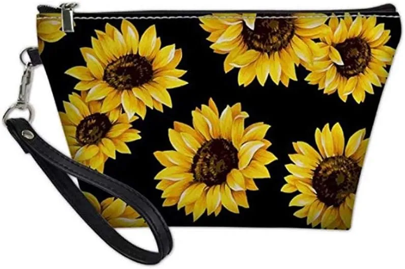 Amzbeauty Women's Sunflower Leather Makeup Bag Purse Toiletry Pouch Travel Cosmetic Bags with Zipper Handle