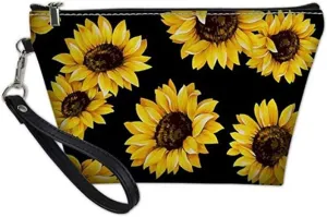 Amzbeauty Women's Sunflower Leather Makeup Bag Purse Toiletry Pouch Travel Cosmetic Bags with Zipper Handle