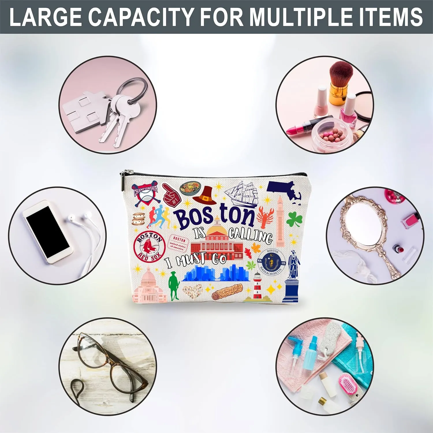 Boston Souvenirs Cosmetic Bags For WomenBoston Is Calling I Must Go, Makeup Organizer Bag, Toiletry Pouch, Small Travel Storage Bag, Boston Themed Gifts, Women Essentials - D08