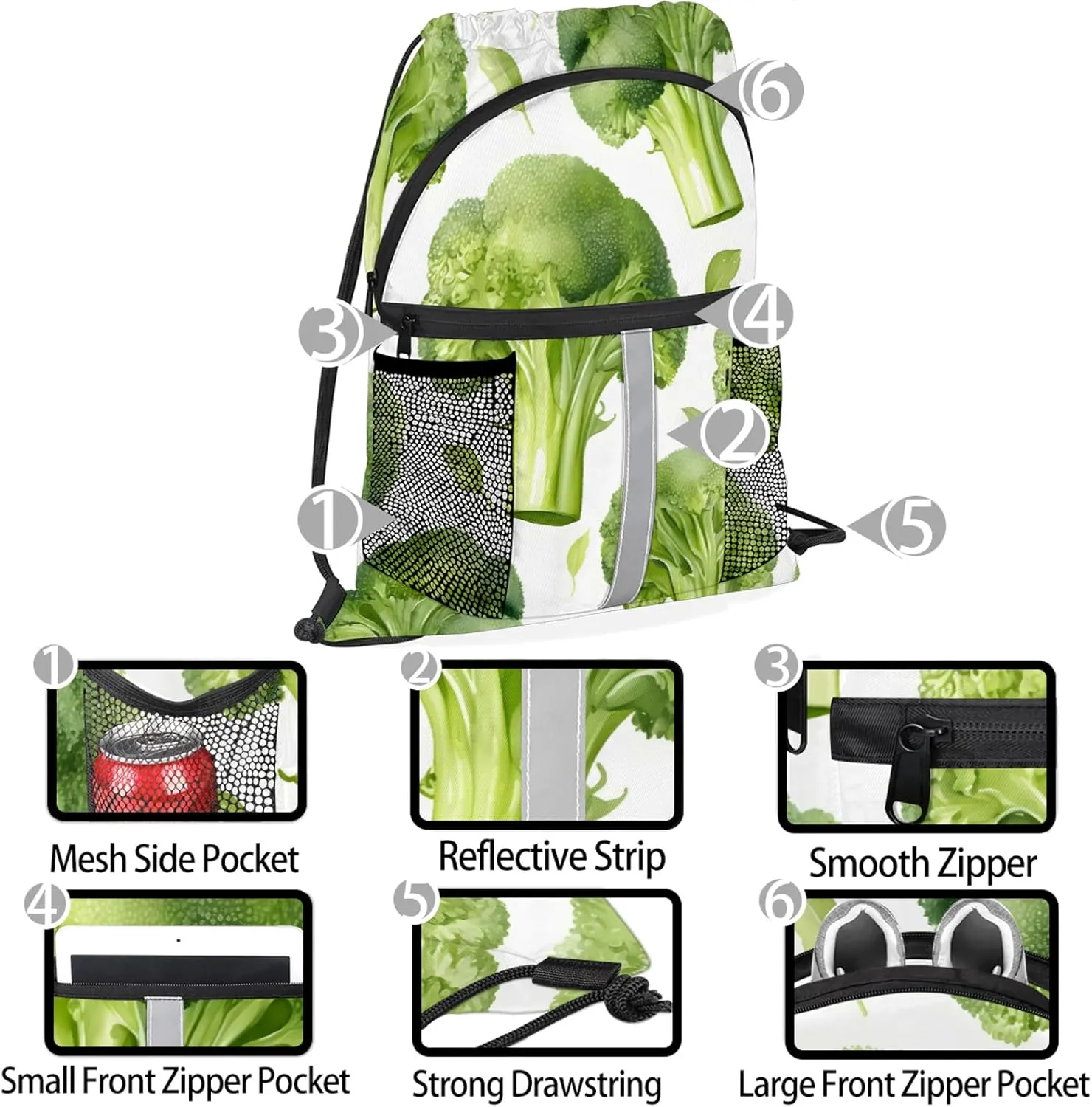 Broccoli Vegetables Drawstring Backpack for Women and Men Lightweight Waterproof Sports Gym Sackpack with Mesh Pockets