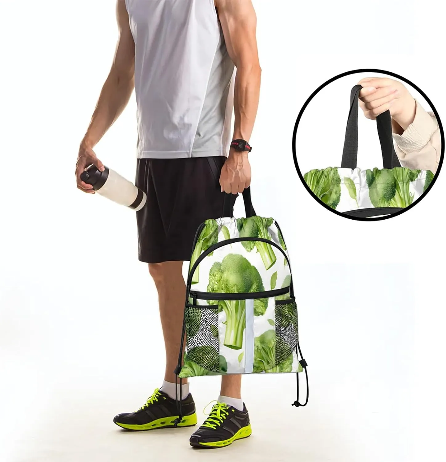 Broccoli Vegetables Drawstring Backpack for Women and Men Lightweight Waterproof Sports Gym Sackpack with Mesh Pockets