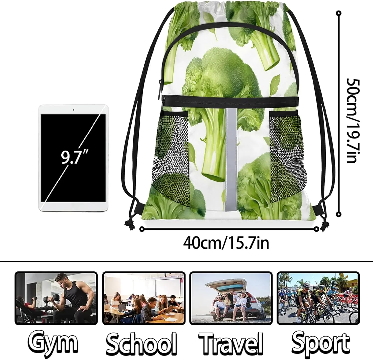 Broccoli Vegetables Drawstring Backpack for Women and Men Lightweight Waterproof Sports Gym Sackpack with Mesh Pockets