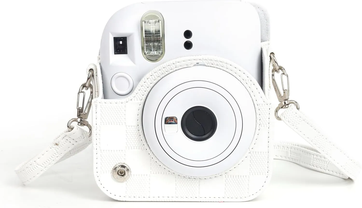 Camera Case Compatible with Fujifilm Instax Mini 12 Instant Camera, Checkerboard Style Camera Carry Bag for Polaroid Instax Mini 12 with Strap - White
