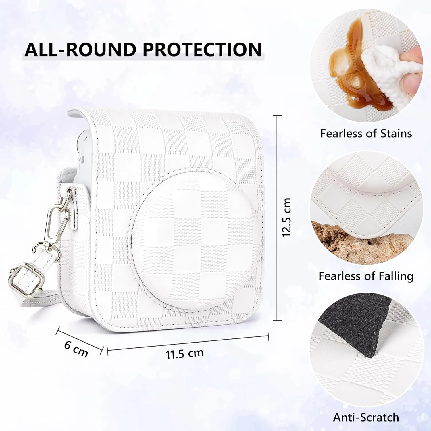 Camera Case Compatible with Fujifilm Instax Mini 12 Instant Camera, Checkerboard Style Camera Carry Bag for Polaroid Instax Mini 12 with Strap - White