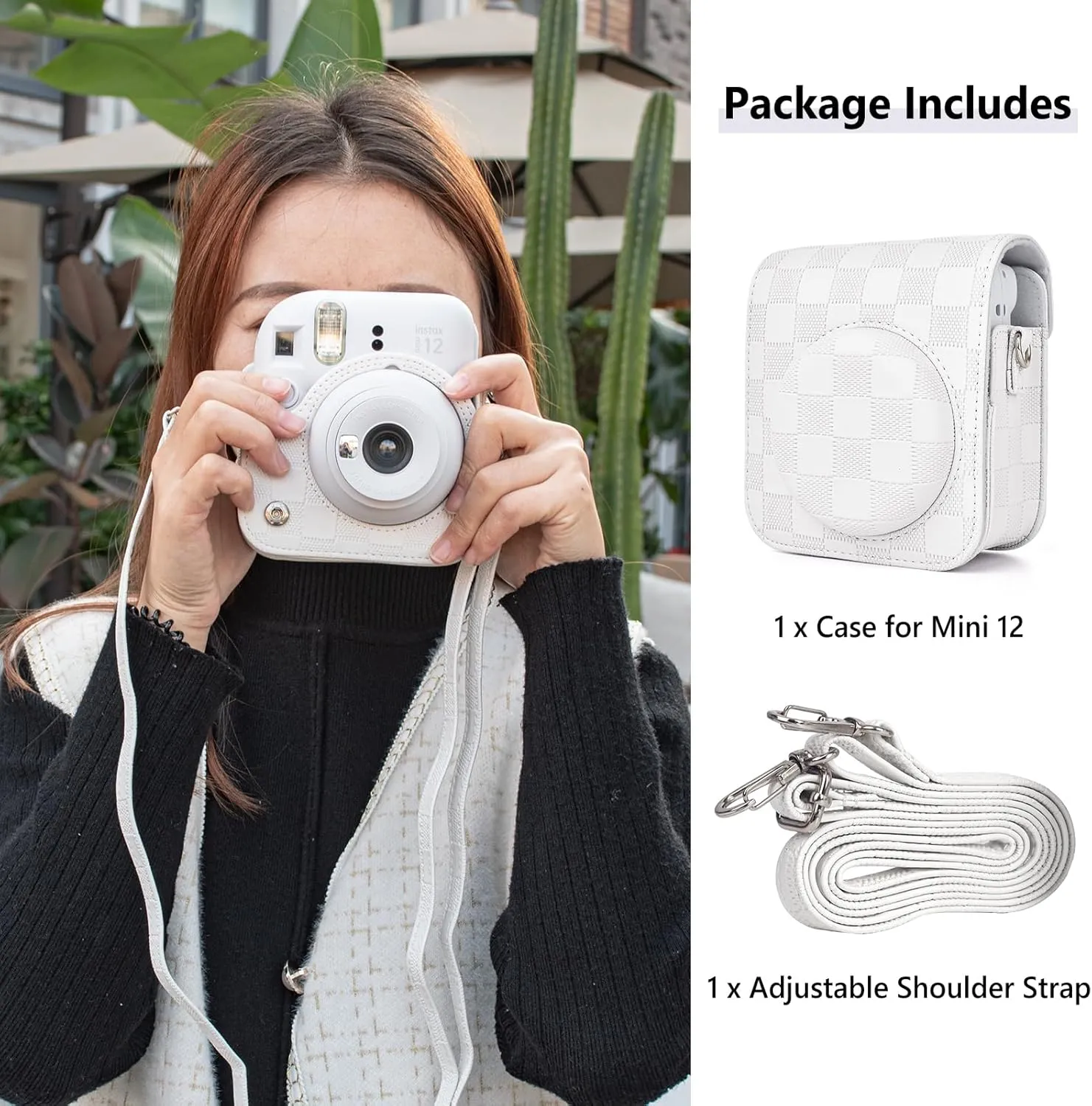 Camera Case Compatible with Fujifilm Instax Mini 12 Instant Camera, Checkerboard Style Camera Carry Bag for Polaroid Instax Mini 12 with Strap - White