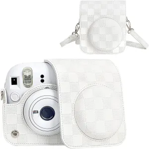 Camera Case Compatible with Fujifilm Instax Mini 12 Instant Camera, Checkerboard Style Camera Carry Bag for Polaroid Instax Mini 12 with Strap - White