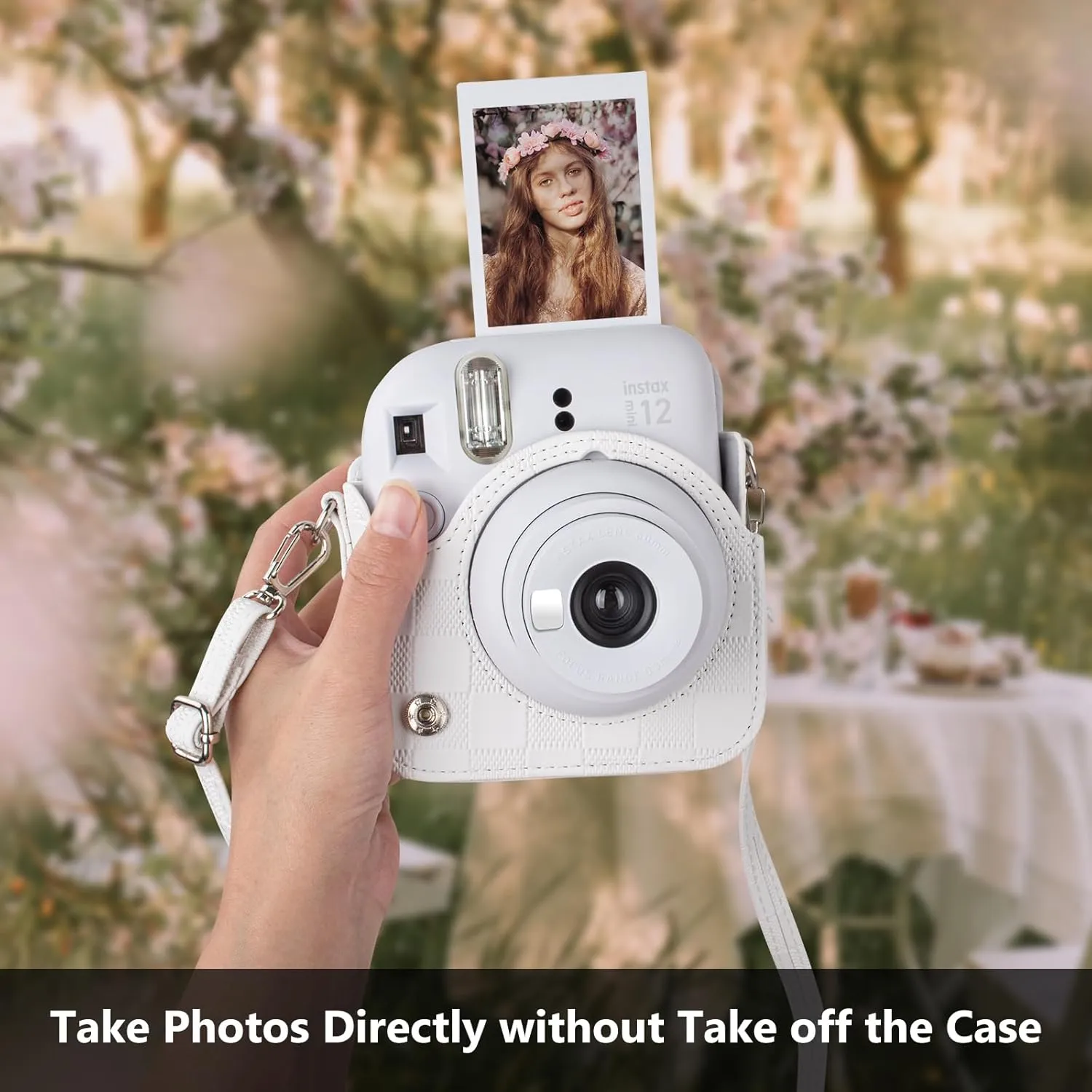 Camera Case Compatible with Fujifilm Instax Mini 12 Instant Camera, Checkerboard Style Camera Carry Bag for Polaroid Instax Mini 12 with Strap - White