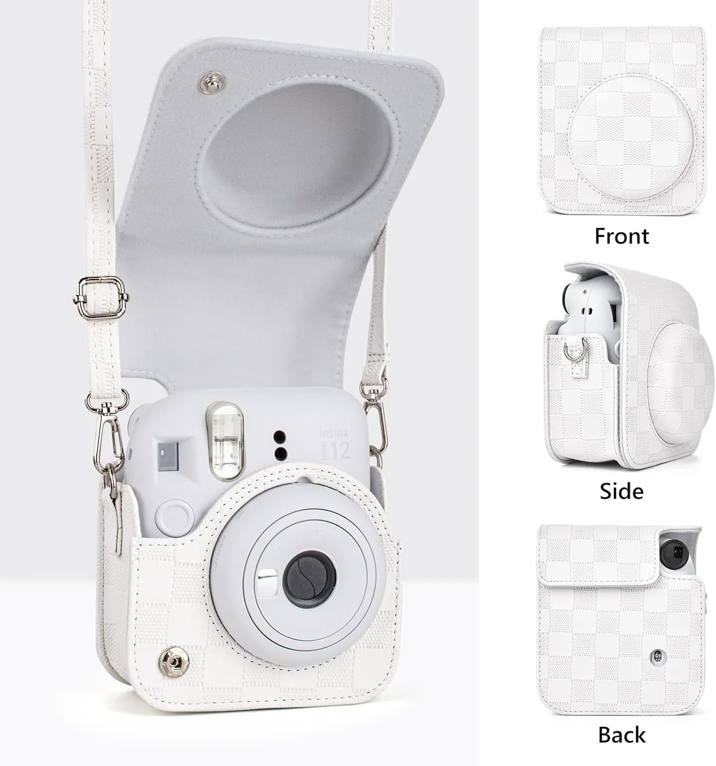Camera Case Compatible with Fujifilm Instax Mini 12 Instant Camera, Checkerboard Style Camera Carry Bag for Polaroid Instax Mini 12 with Strap - White