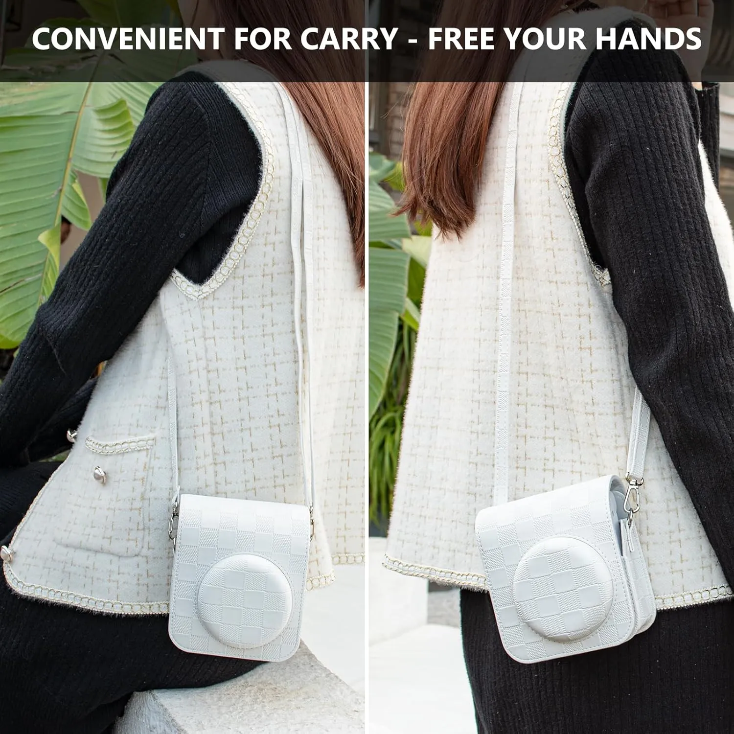 Camera Case Compatible with Fujifilm Instax Mini 12 Instant Camera, Checkerboard Style Camera Carry Bag for Polaroid Instax Mini 12 with Strap - White