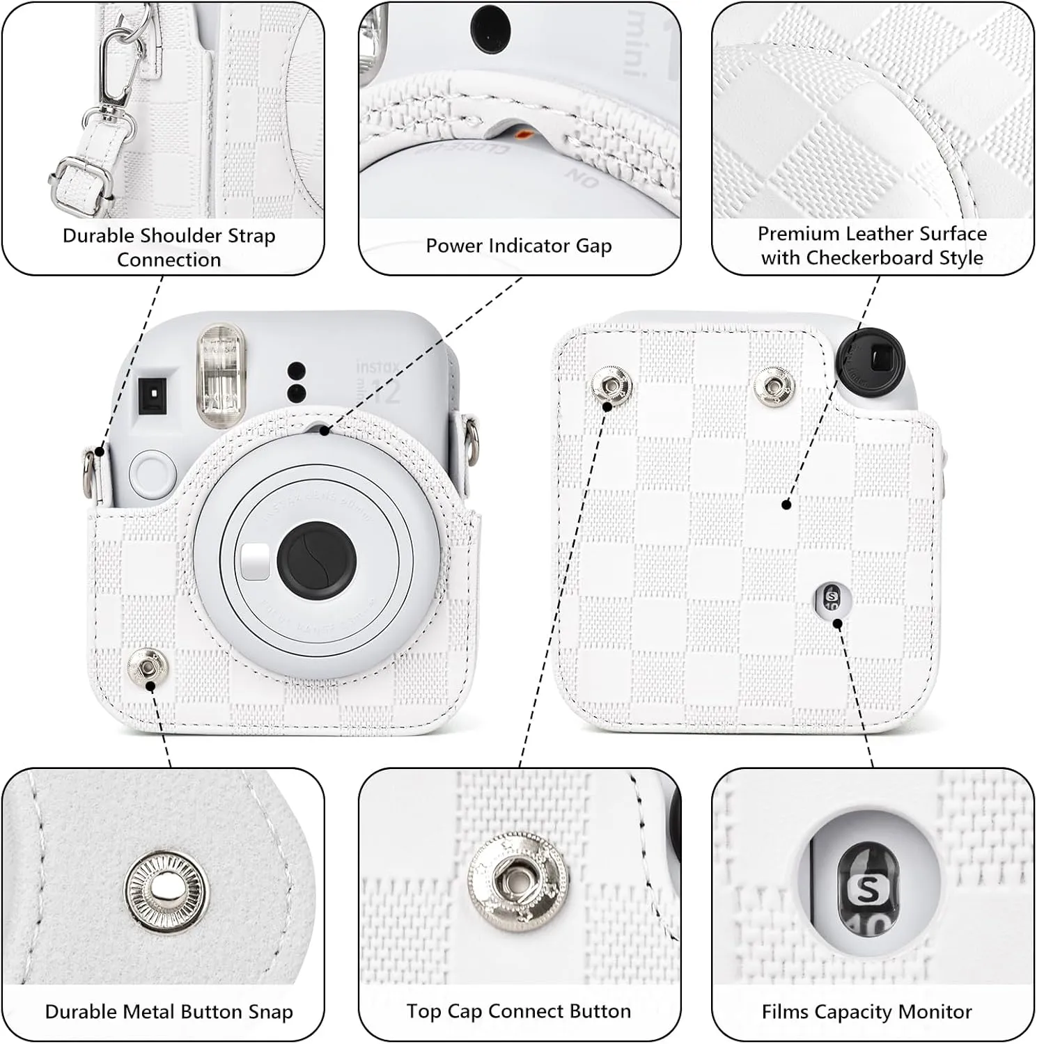 Camera Case Compatible with Fujifilm Instax Mini 12 Instant Camera, Checkerboard Style Camera Carry Bag for Polaroid Instax Mini 12 with Strap - White