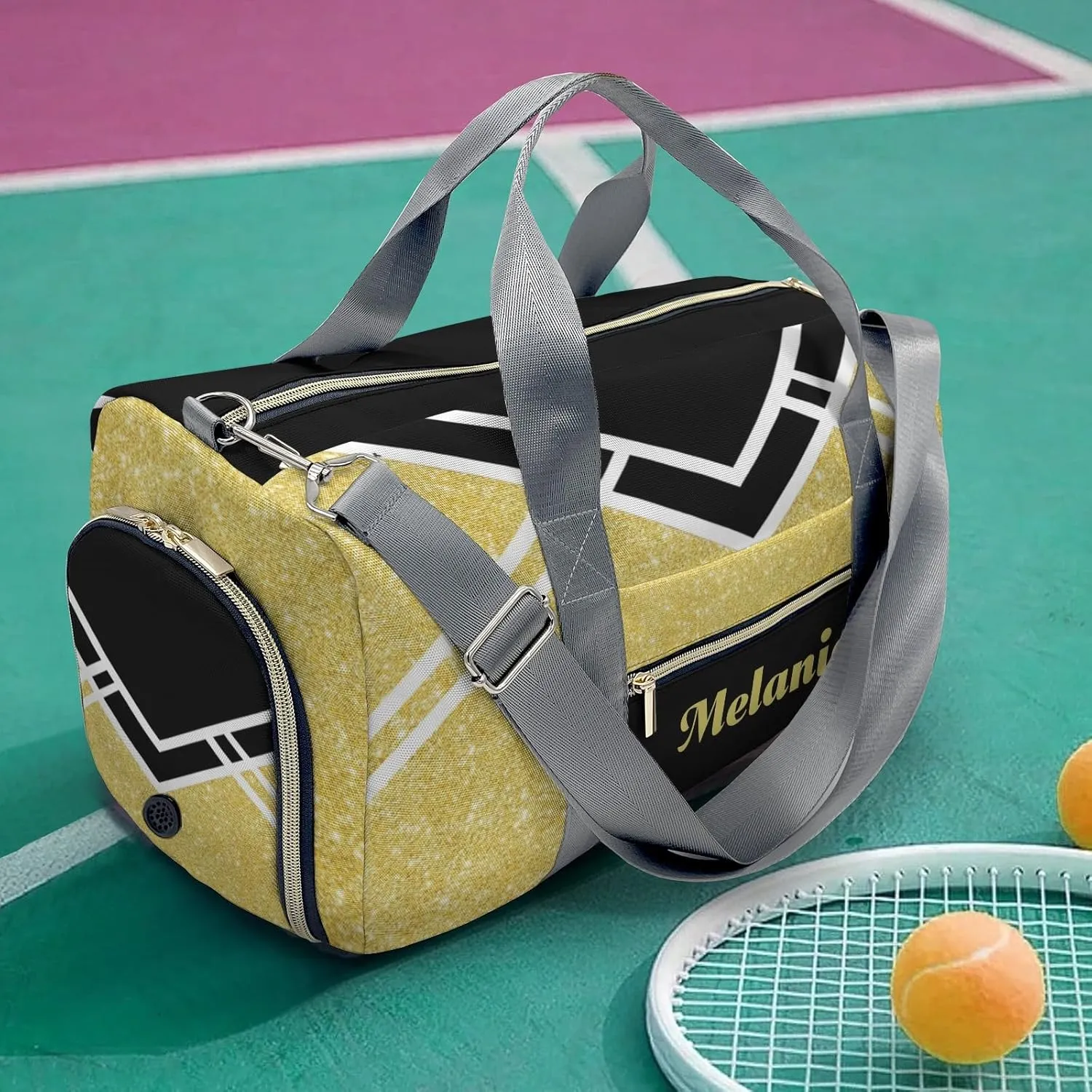 Cheerleader Glod Glitter Personalized Duffel Bag with Name Custom Travel Bag Weekend Overnight Bag with Shoe Compartmen for Women Sports Gym Gymnastic Bags