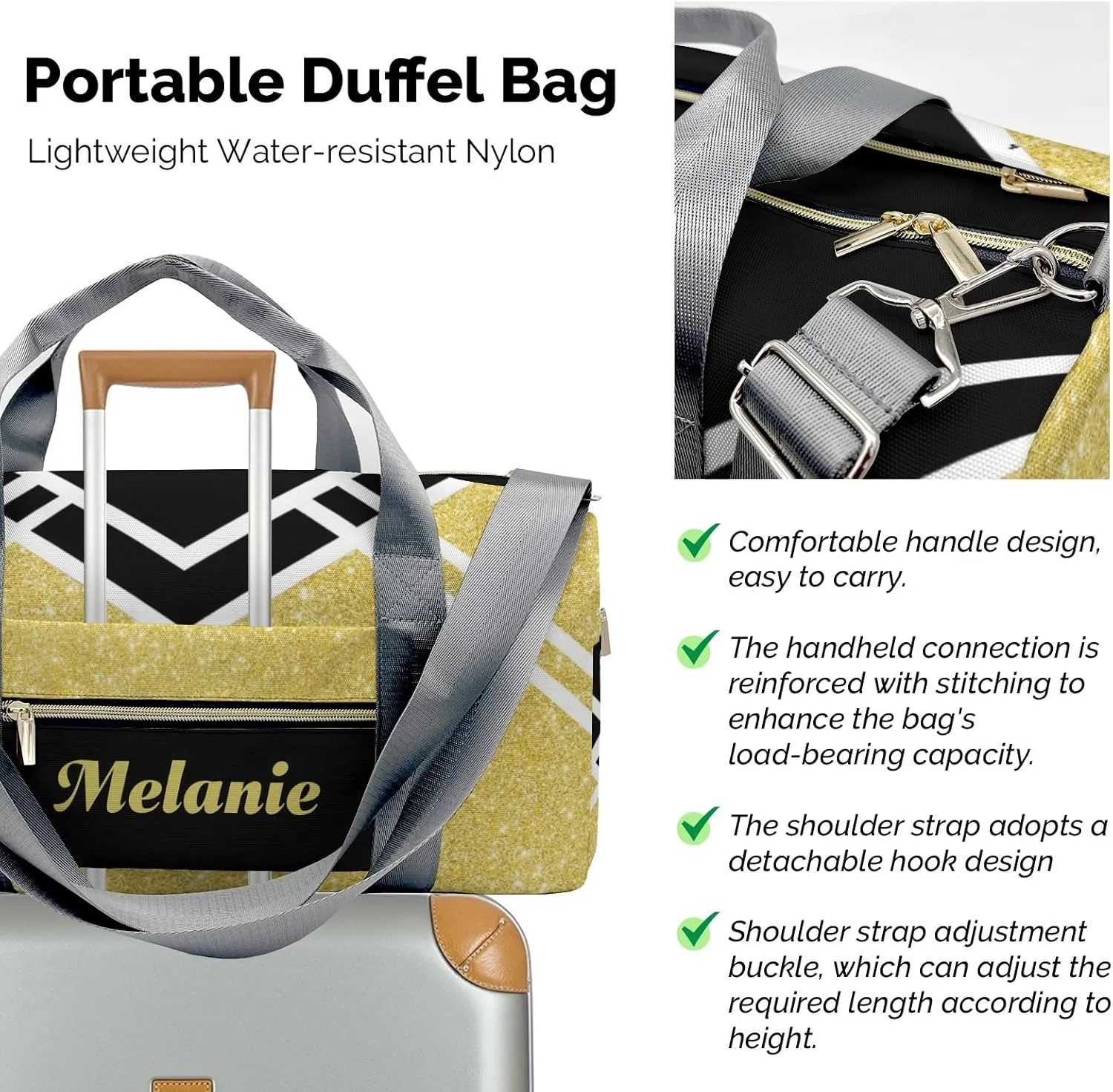 Cheerleader Glod Glitter Personalized Duffel Bag with Name Custom Travel Bag Weekend Overnight Bag with Shoe Compartmen for Women Sports Gym Gymnastic Bags