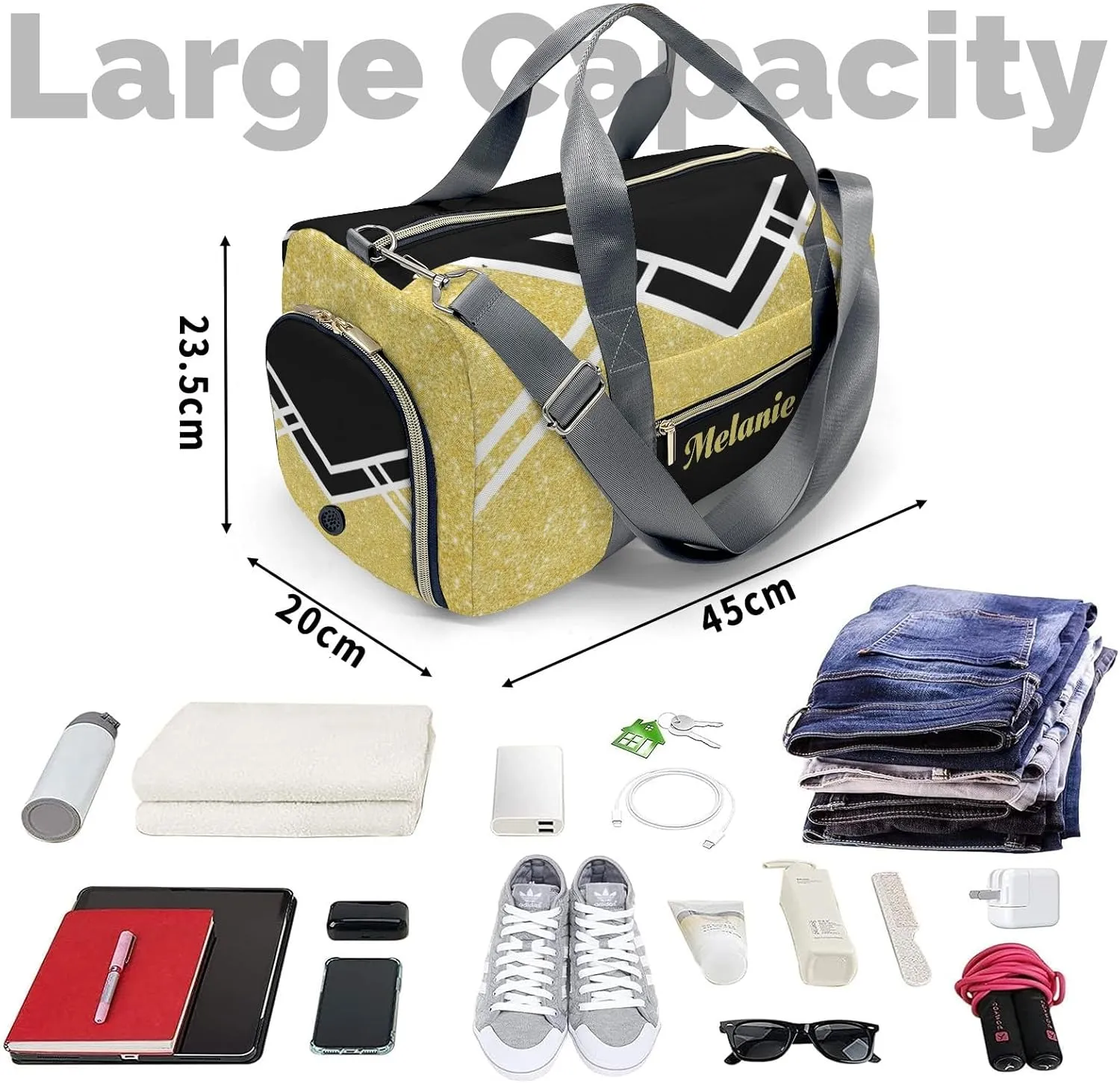Cheerleader Glod Glitter Personalized Duffel Bag with Name Custom Travel Bag Weekend Overnight Bag with Shoe Compartmen for Women Sports Gym Gymnastic Bags