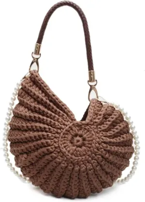Conch Shell Knit Crochet Crossbody Shoulder Bag,Pearl Chain Handmade Woven Women Sling Bag,Elegant Delicate Compact Purse