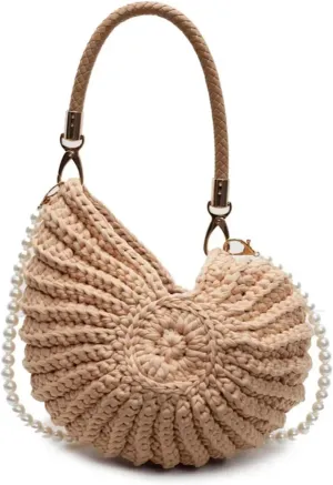 Conch Shell Knit Crochet Crossbody Shoulder Bag,Pearl Chain Handmade Woven Women Sling Bag,Elegant Delicate Compact Purse