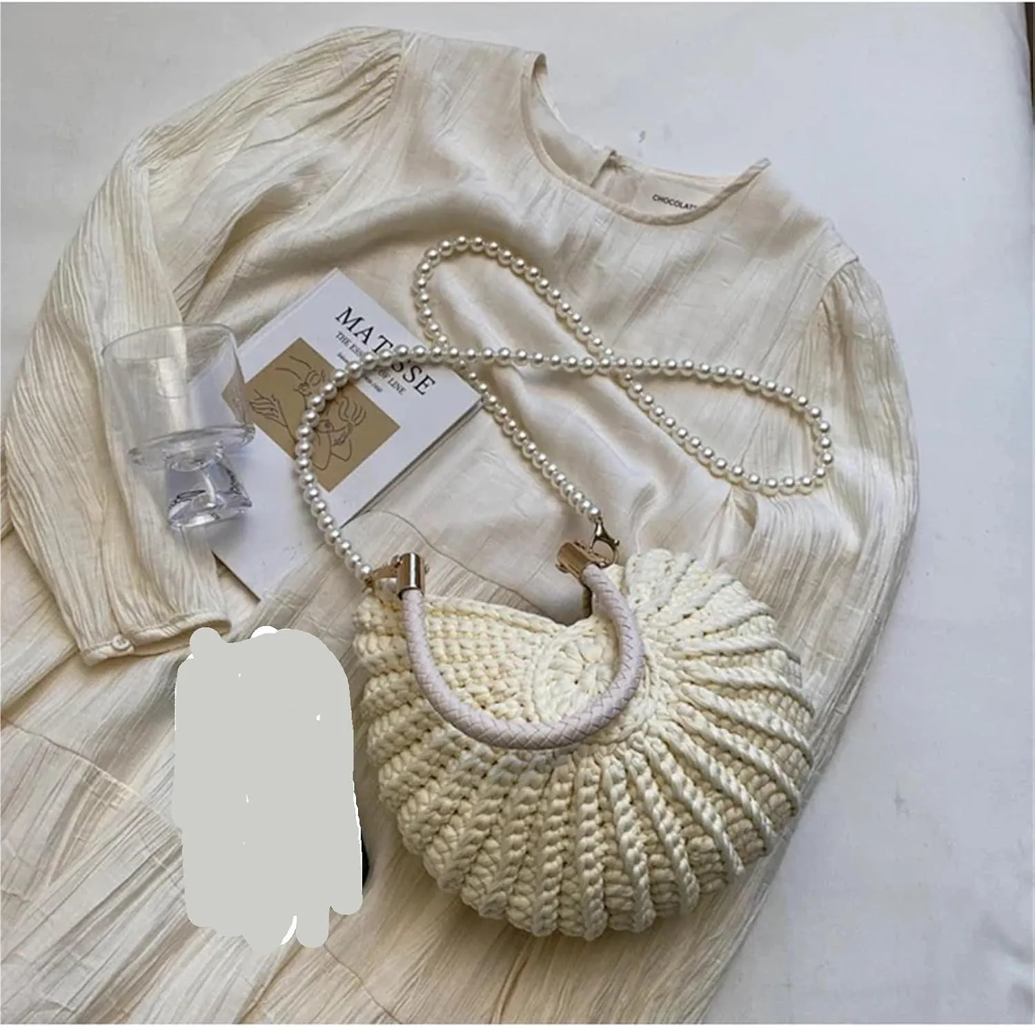 Conch Shell Knit Crochet Crossbody Shoulder Bag,Pearl Chain Handmade Woven Women Sling Bag,Elegant Delicate Compact Purse