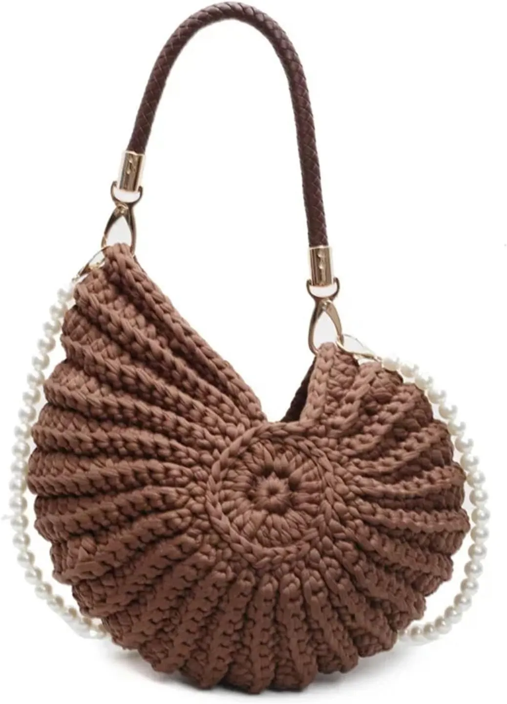 Conch Shell Knit Crochet Crossbody Shoulder Bag,Pearl Chain Handmade Woven Women Sling Bag,Elegant Delicate Compact Purse
