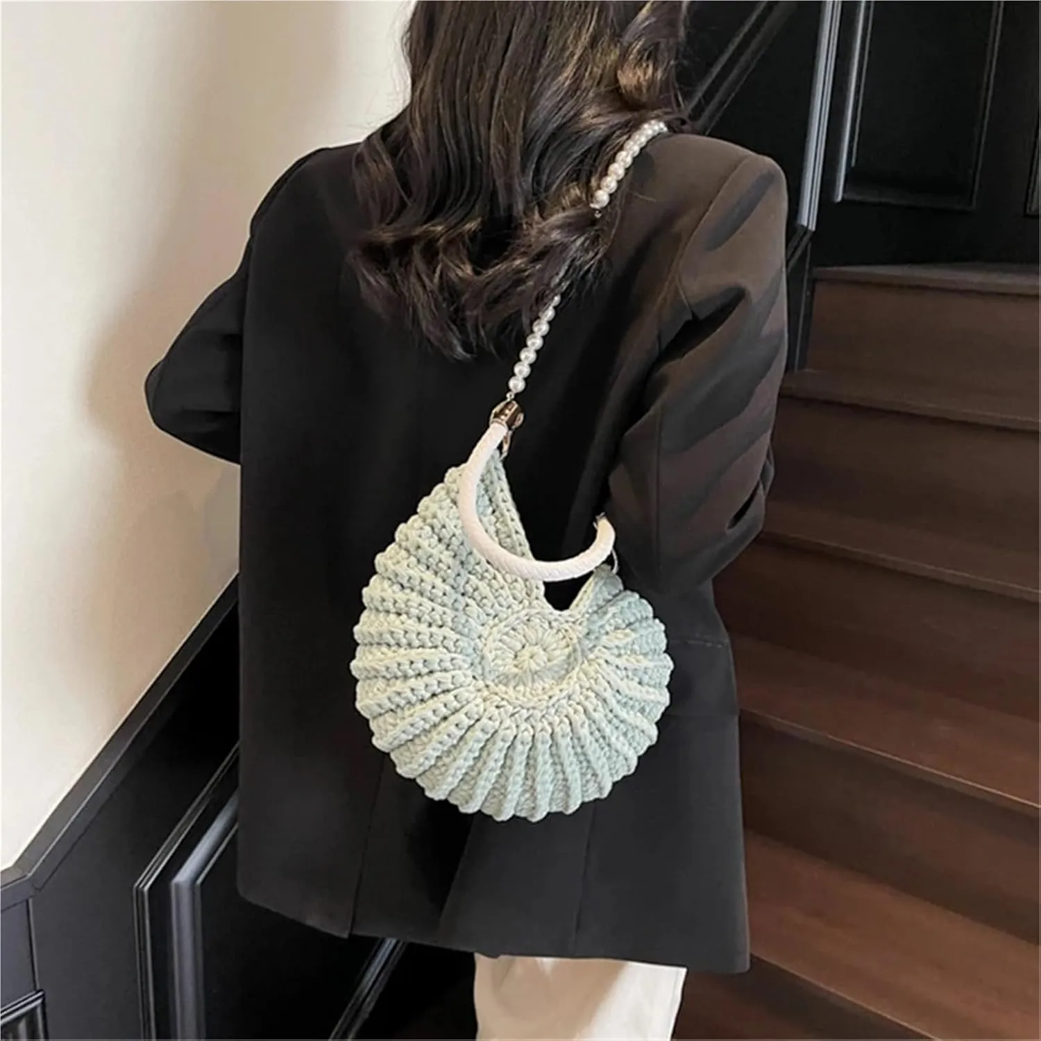 Conch Shell Knit Crochet Crossbody Shoulder Bag,Pearl Chain Handmade Woven Women Sling Bag,Elegant Delicate Compact Purse