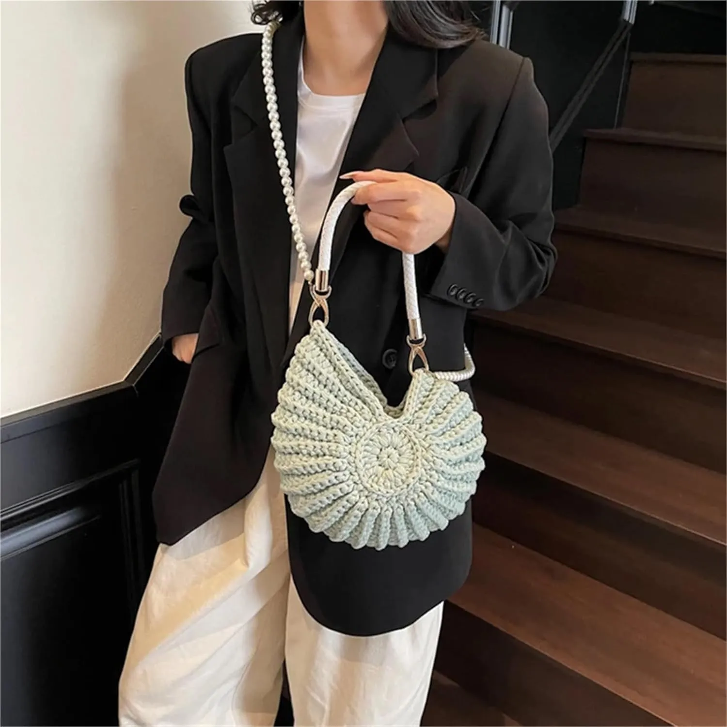 Conch Shell Knit Crochet Crossbody Shoulder Bag,Pearl Chain Handmade Woven Women Sling Bag,Elegant Delicate Compact Purse