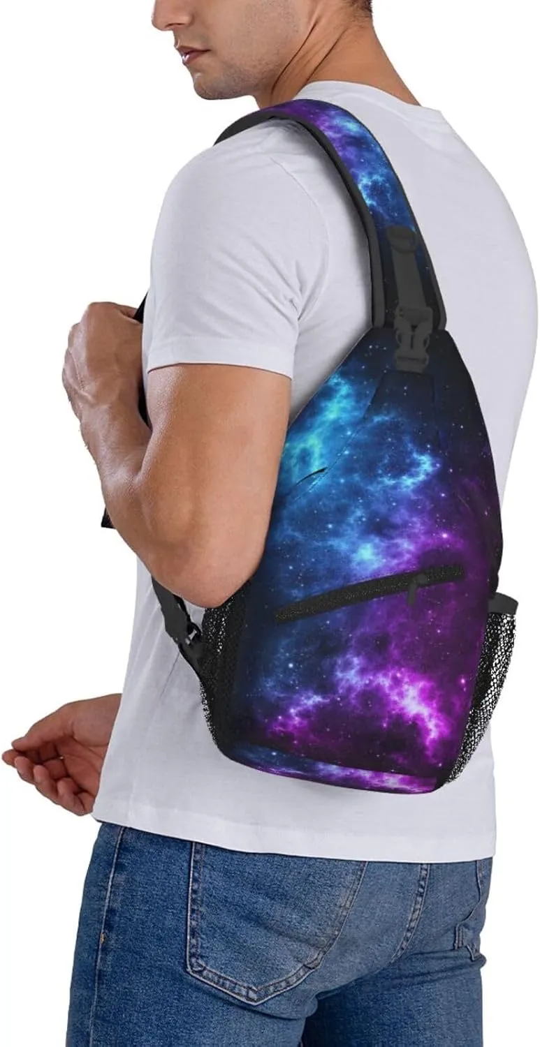 Galaxy Sling Bag for Women Crossbody Bag Blue and Purple Galaxy with a Planet and a Moon Space Background Sling Backpack for Men Universe Theme Shoulder Bag Sports Travel Hiking Daypack