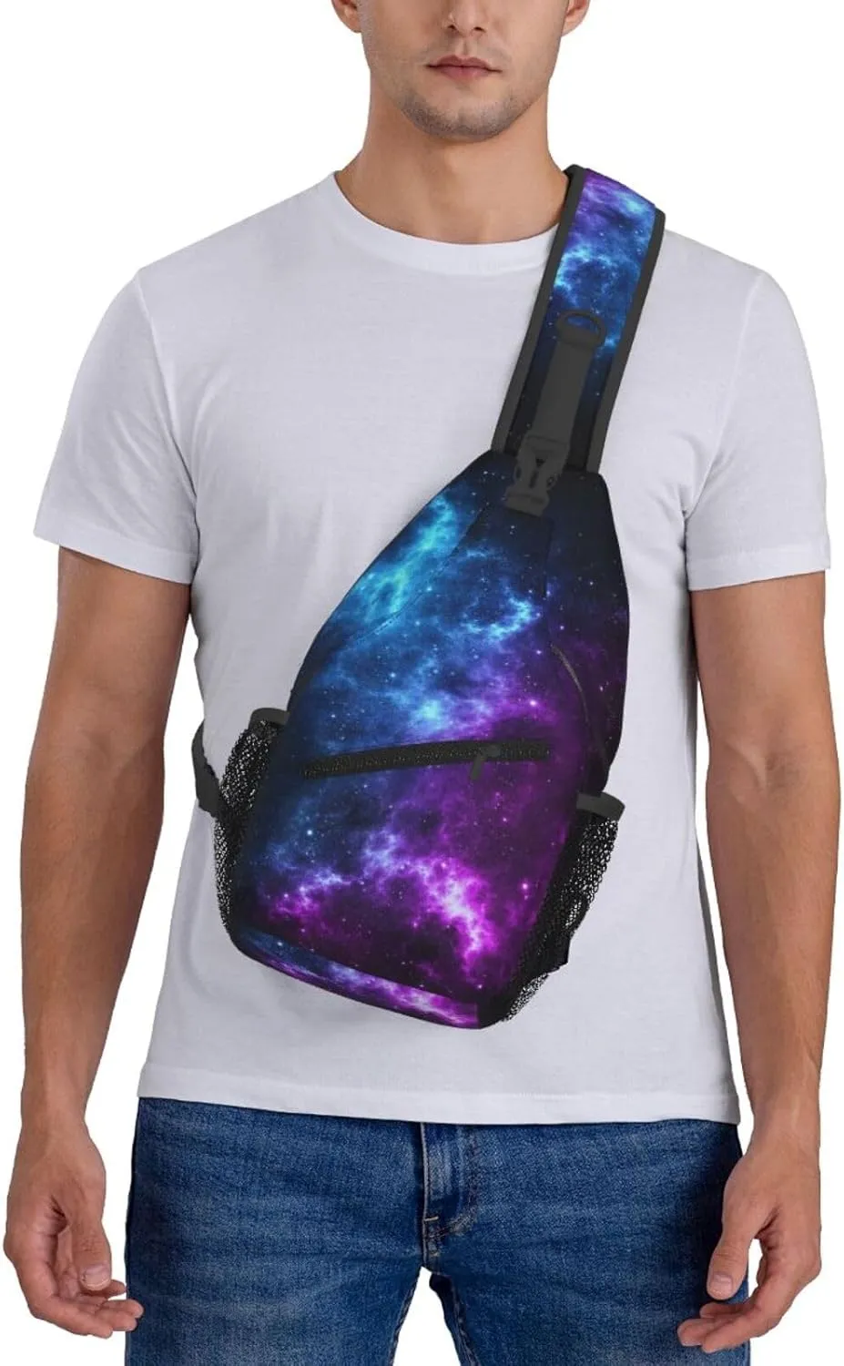 Galaxy Sling Bag for Women Crossbody Bag Blue and Purple Galaxy with a Planet and a Moon Space Background Sling Backpack for Men Universe Theme Shoulder Bag Sports Travel Hiking Daypack