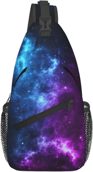 Galaxy Sling Bag for Women Crossbody Bag Blue and Purple Galaxy with a Planet and a Moon Space Background Sling Backpack for Men Universe Theme Shoulder Bag Sports Travel Hiking Daypack