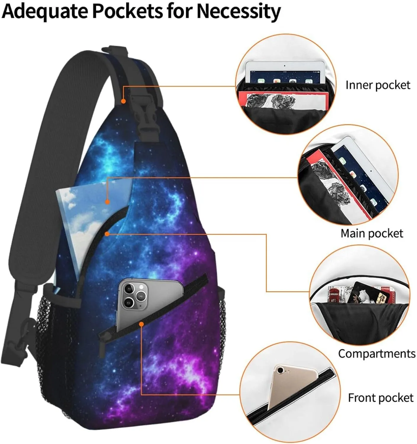 Galaxy Sling Bag for Women Crossbody Bag Blue and Purple Galaxy with a Planet and a Moon Space Background Sling Backpack for Men Universe Theme Shoulder Bag Sports Travel Hiking Daypack