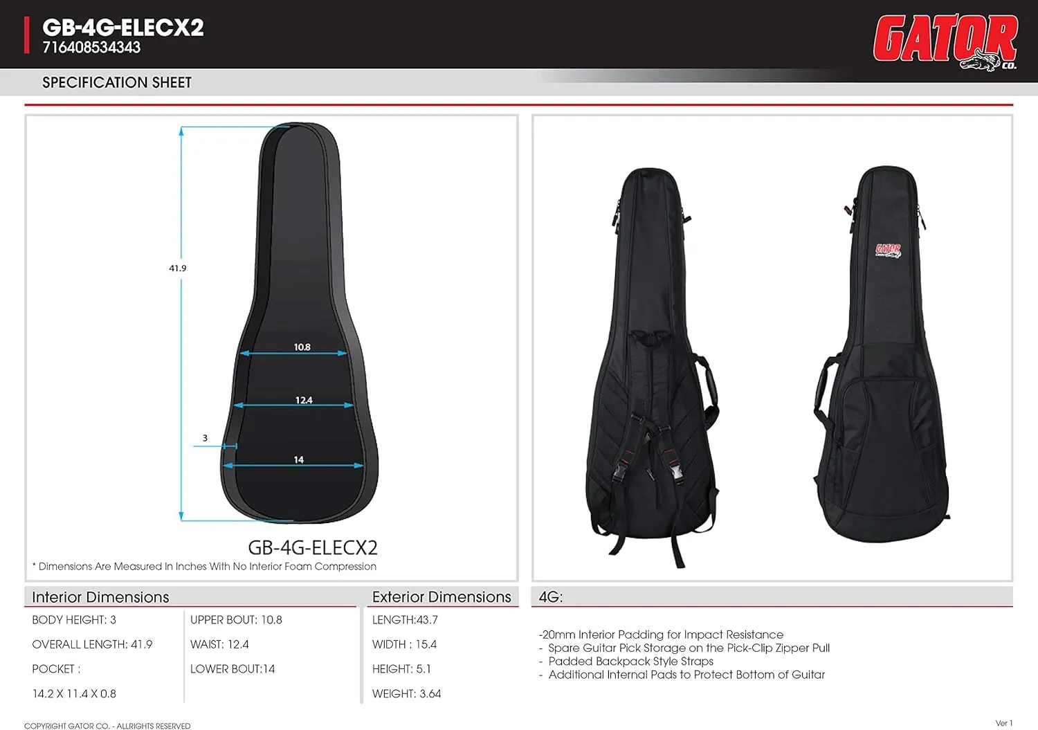 Gator Cases 4G Series Gig Bag For Two Electric Guitars With Adjustable Backpack Straps, Fits Two Stratocaster and Telecaster Style Electric Guitars (GB-4G-ELEC 2X)