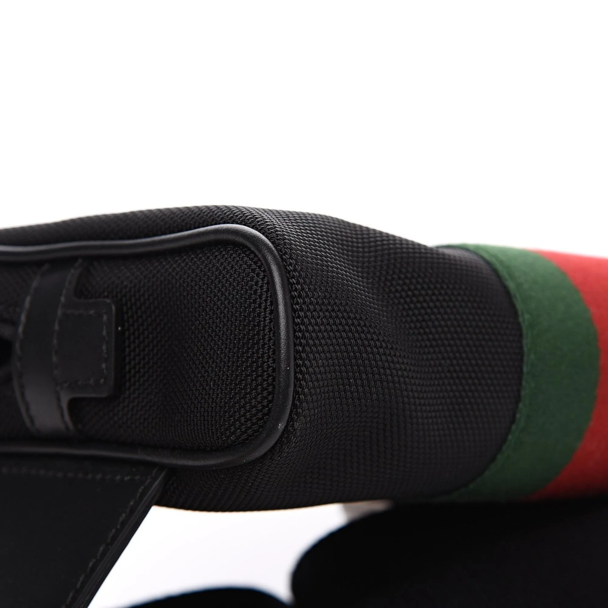 Gucci Techno Web Stripe Black Canvas Leather Trim Waist Belt Bag