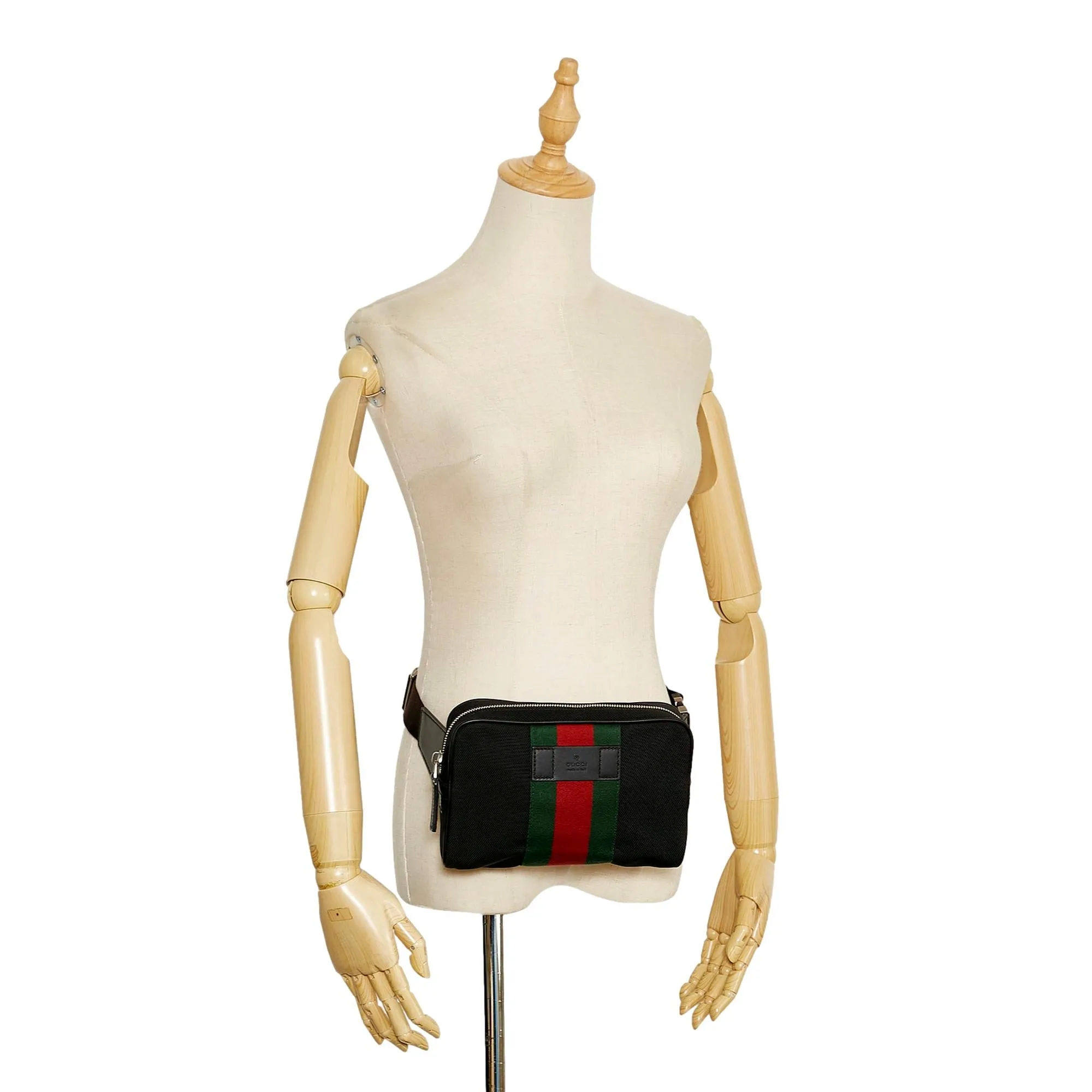 Gucci Techno Web Stripe Black Canvas Leather Trim Waist Belt Bag