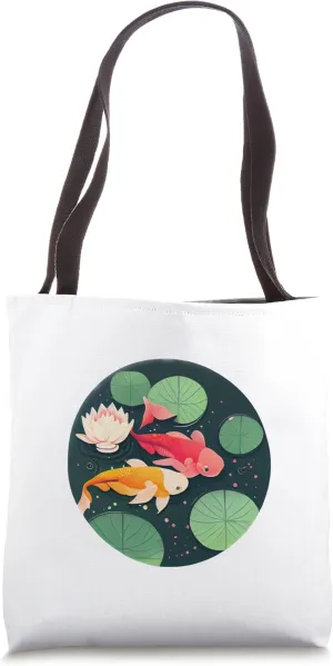 Japanese Koi fish in pond with lilly pads and lotus flower Tote Bag