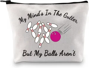 JXGZSO Funny Bowling Gift Bowling Print Makeup Bag My Mind's In The Gutter But My Balls Aren't Gift For Bowling Player