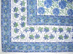 Lotus Flower Block Print Floral Square Cotton Tablecloth 60" x 60" Blue