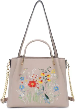 Medium Tote Bag for Women Vegan Leather Designer Top Handle Handbags Floral Embroidery Casual Travel Shoulder Bag for Women