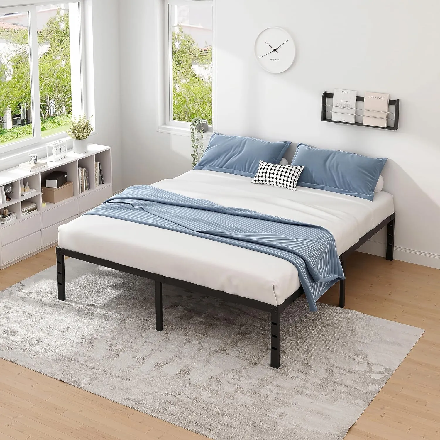 Metal Bed Frame,Queen Size Bed Frame with Storage Space,Heavy Duty Sturdy Mattress Foundation, Easy Assembly,No Box Spring Needed, Black,12 Inch,Queen