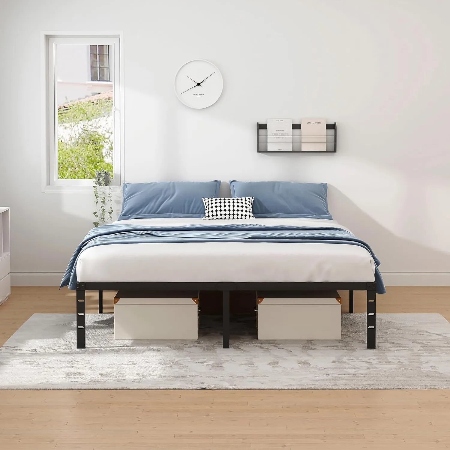 Metal Bed Frame,Queen Size Bed Frame with Storage Space,Heavy Duty Sturdy Mattress Foundation, Easy Assembly,No Box Spring Needed, Black,12 Inch,Queen