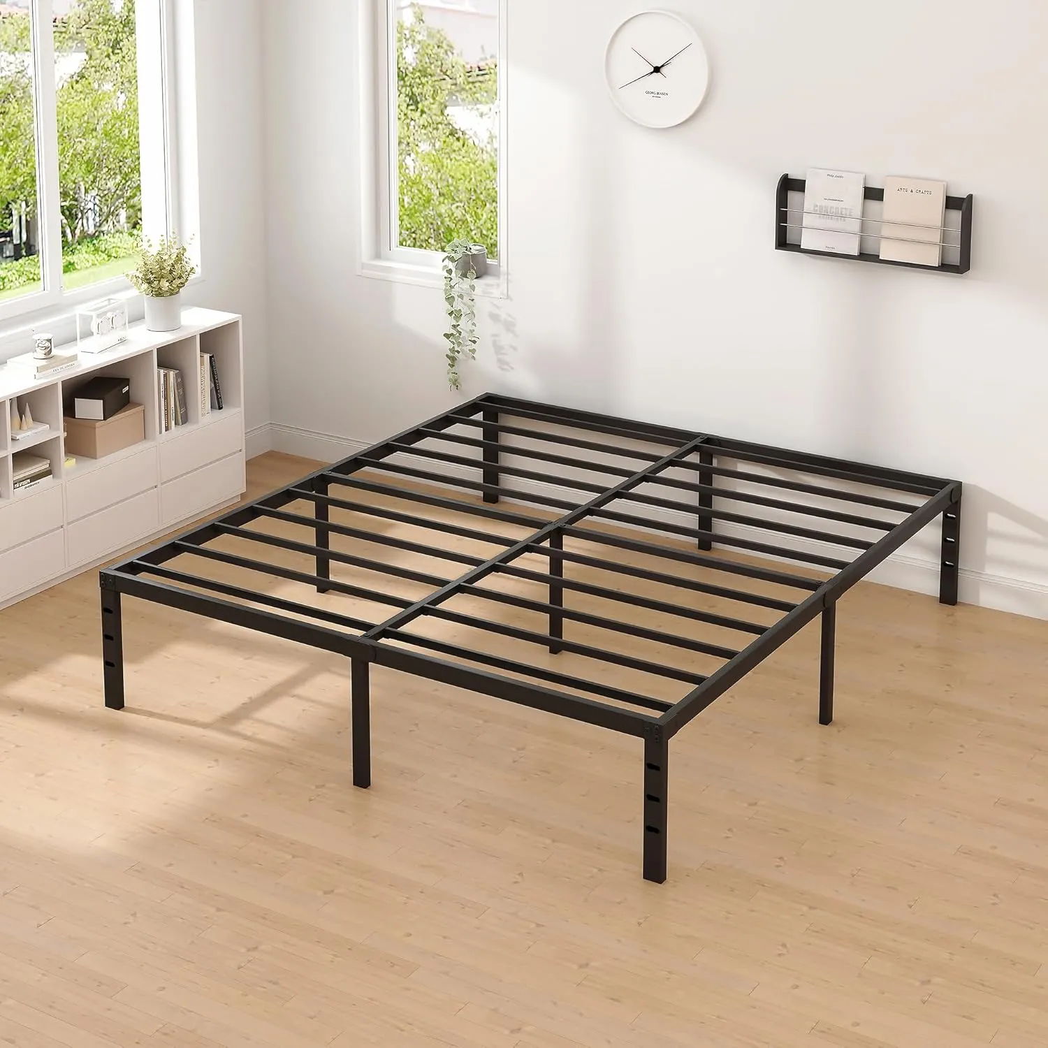 Metal Bed Frame,Queen Size Bed Frame with Storage Space,Heavy Duty Sturdy Mattress Foundation, Easy Assembly,No Box Spring Needed, Black,12 Inch,Queen