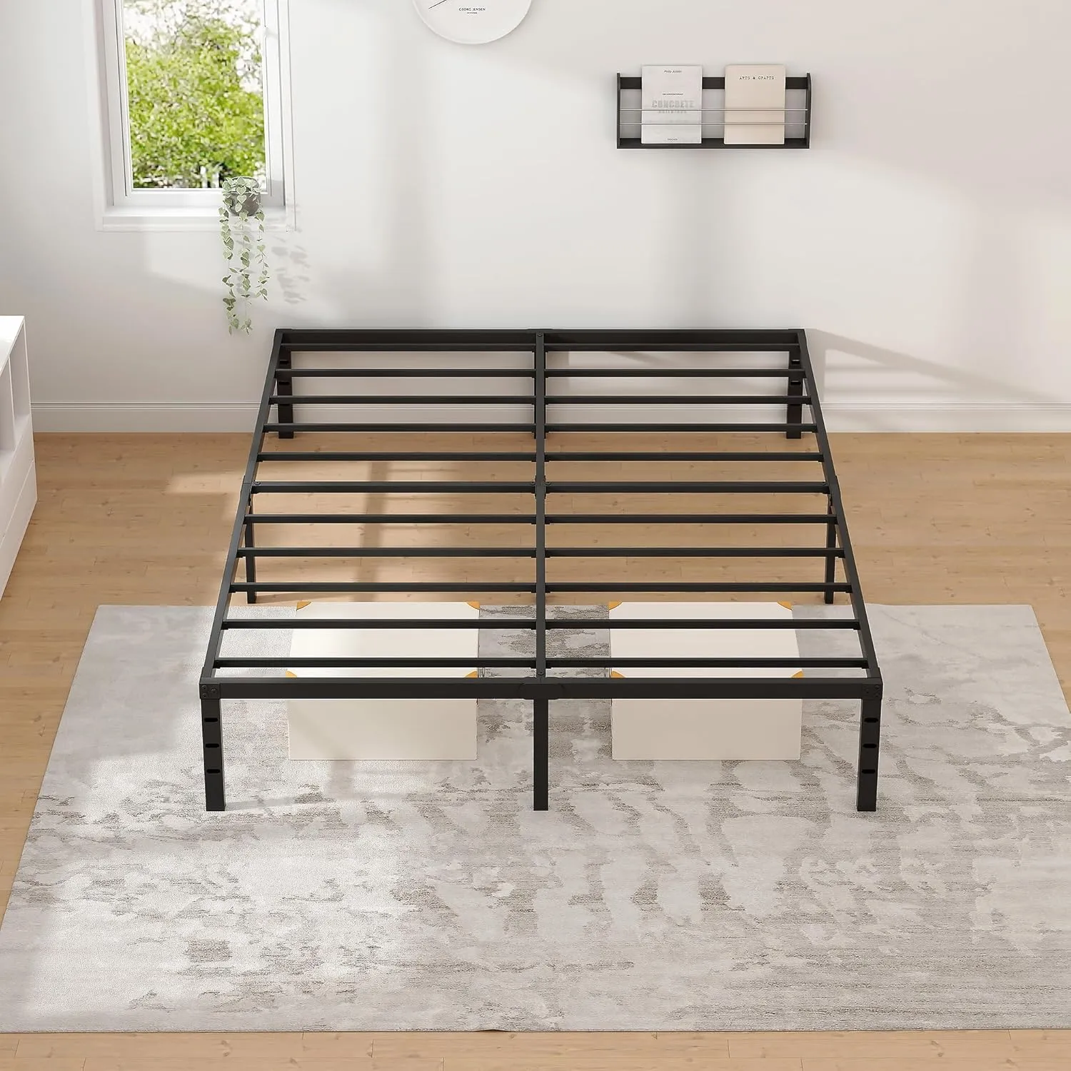 Metal Bed Frame,Queen Size Bed Frame with Storage Space,Heavy Duty Sturdy Mattress Foundation, Easy Assembly,No Box Spring Needed, Black,12 Inch,Queen