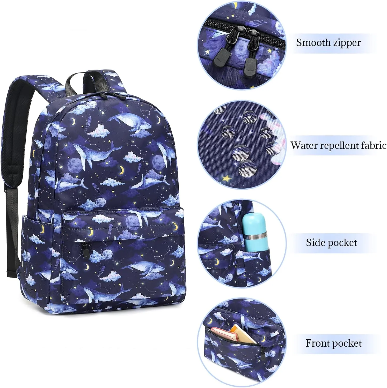 MIRLEWAIY Kids School Backpack For Teen School Girls Elementary Book Bag Travel Basic Water-resistent, Whales in Dark Sky