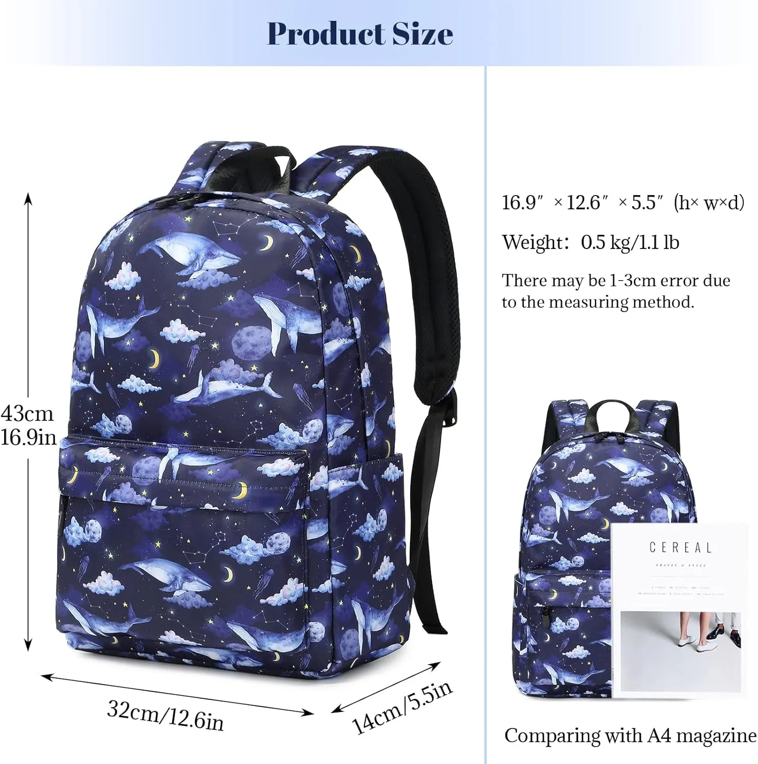 MIRLEWAIY Kids School Backpack For Teen School Girls Elementary Book Bag Travel Basic Water-resistent, Whales in Dark Sky