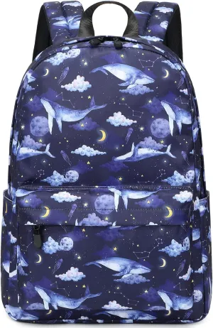 MIRLEWAIY Kids School Backpack For Teen School Girls Elementary Book Bag Travel Basic Water-resistent, Whales in Dark Sky