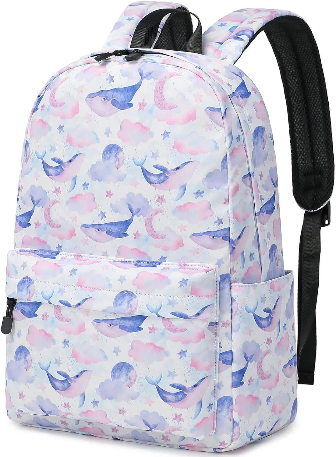 MIRLEWAIY Water-resistent Kids School Backpack Elementary BookBag for Teen Girls Primary, Whales in White Sky