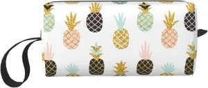 Pineapple Pretty Gold Glitter Makeup Bag Organizer Small Cosmetic Bags Portable Travel Toiletry Bag With Handle Simple Accessories Storage Zipper Pouch For Women Girl