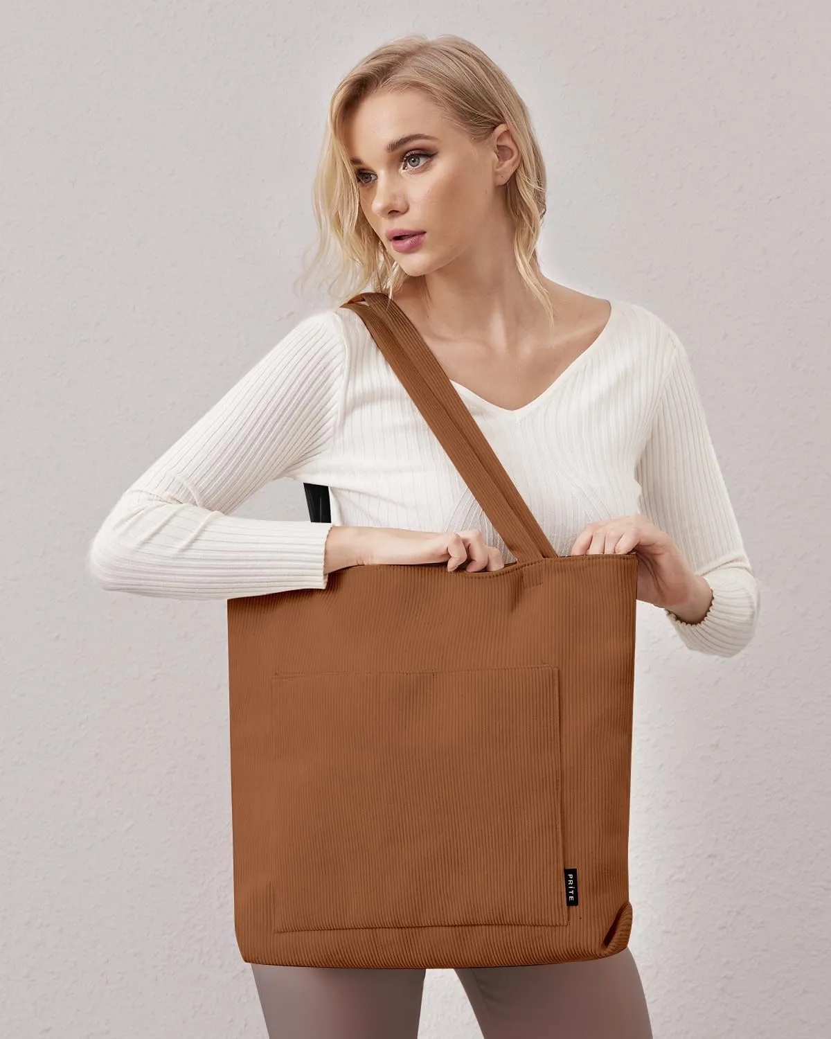 Prite Corduroy Tote Bag for Women Large Shoulder Bag with Zipper and Pockets for College Work Travel Shopping