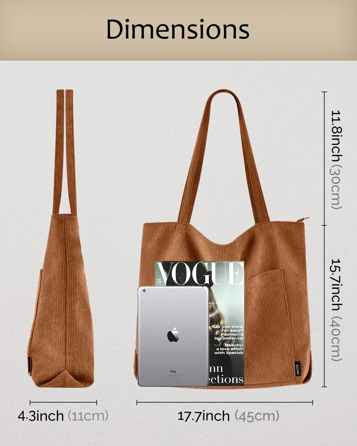 Prite Corduroy Tote Bag for Women Large Shoulder Bag with Zipper and Pockets for College Work Travel Shopping