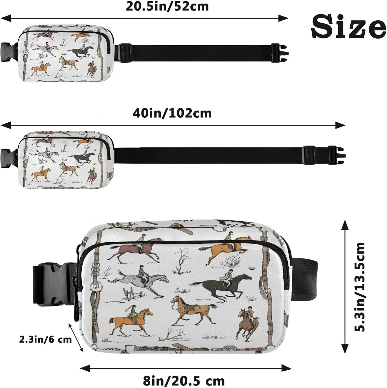 Seamless English Style Horse Riders on Landscape with White Pattern Adjustable Fanny Waist Pack Pouch, Waterproof Runners Sports Waist Pack Wallet for Sports Hiking Fitness Cycling Gym Women Men